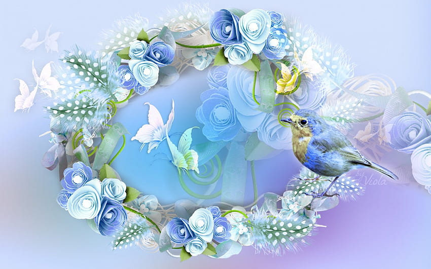 Baharı bekliyorum, mavi, tasarım, tüyler, kuş, sanat, bahar, kolaj, kelebekler, yaratım, doğa, çiçekler, Viola Tricolor HD duvar kağıdı