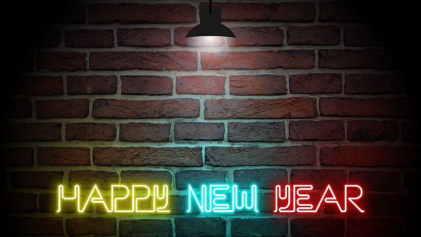 Yellow Blue Red Happy New Year Neon Lights Brick Wall Background Happy New Year HD wallpaper