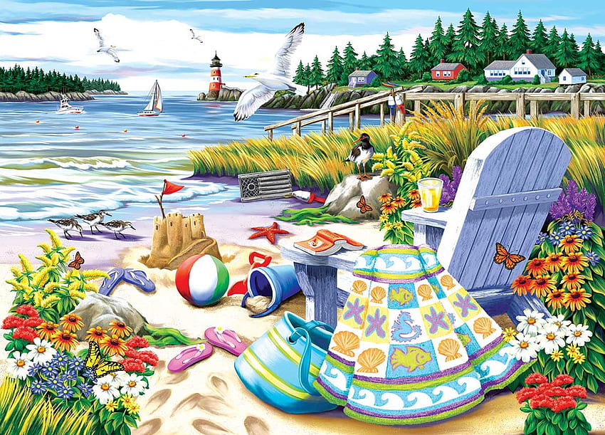 Essence of Summer, utensils, lake, chair, lighthouse, birds, painting, seagulls HD wallpaper
