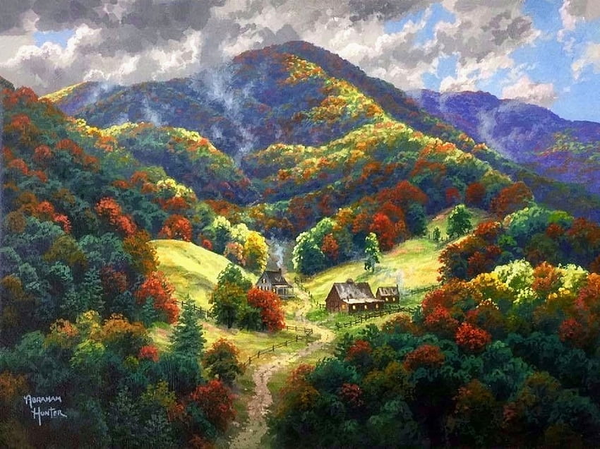 Maggie Valley, Carolina del Norte, atracciones en sueños, pinturas, verano, amor cuatro estaciones, cabañas, valle, nubes, árboles, naturaleza, cielo, montañas fondo de pantalla