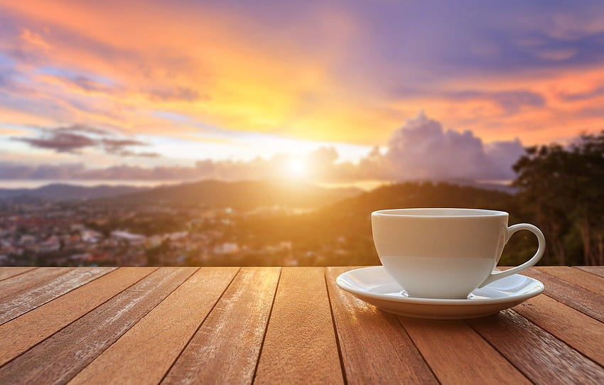 wschód słońca, kawa, poranek, filiżanka, weranda, filiżanka, dzień dobry kawa Tapeta HD