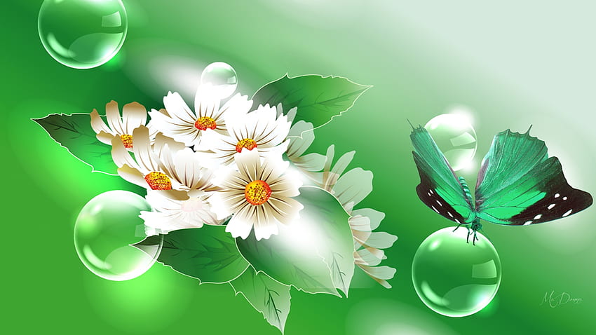 Spring Bubble Flowers, summer, butterfly, green, flowers, spring, bubbles, Firefox Persona theme HD wallpaper