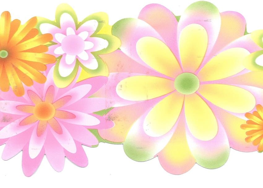 Borde prepegado - Flores verdes, rosas y amarillas para niños Borde de pared festoneado Diseño retro, 15 pies x 6,25 pulgadas (4,57 m x 15,88 cm) fondo de pantalla