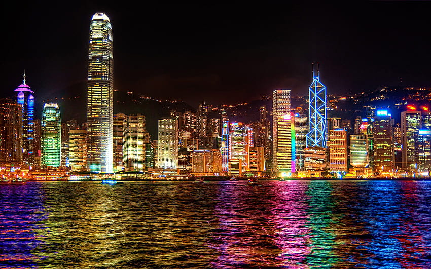 hong kong, china, city, skyscraper, bay, night, Chinese City HD wallpaper