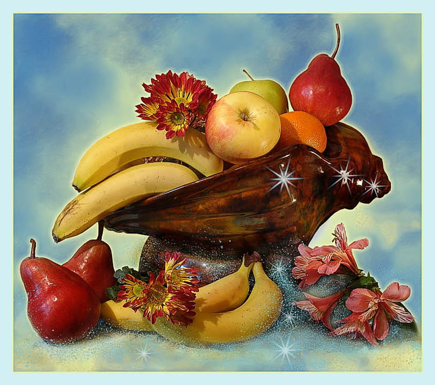 keranjang buah, keranjang, lukisan alam benda, alam, bunga, buah-buahan, bagus Wallpaper HD