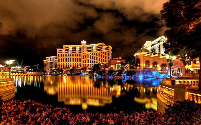 Cities, Night, Fountain, Las Vegas, Building, Reflection, Hotel HD wallpaper