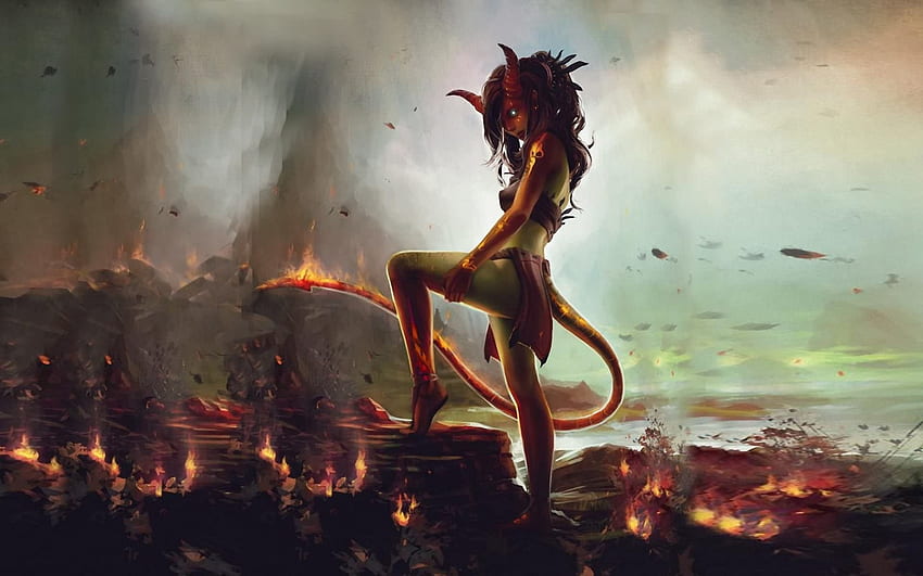 Setan, tanduk, fantasi, seni, succubus, ekor, api Wallpaper HD