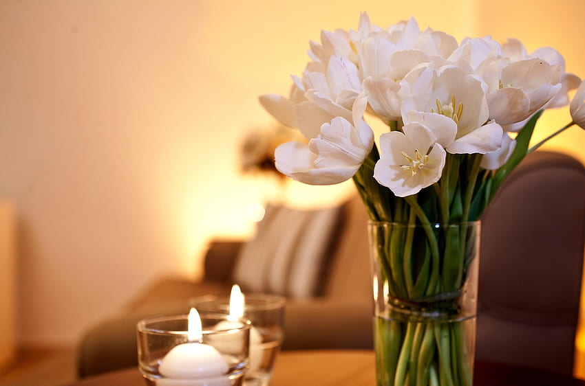 Flowers, Tulips, Candles, Bouquet, Vase, Romance HD wallpaper