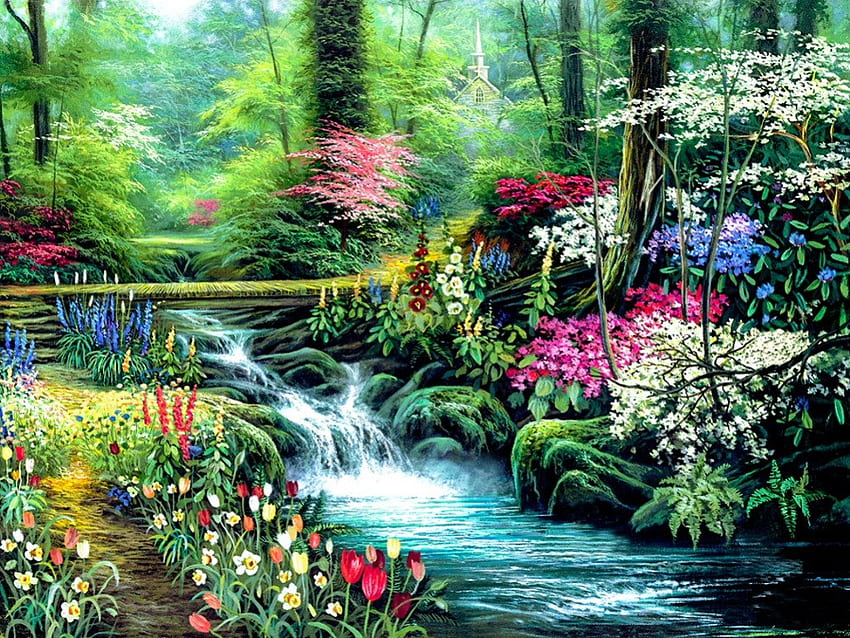 colorful stream in forest, river, color, peaceful, beautiful, bridge, flowers, beautiful day, romantic, splendor, lovely, forest, stream HD wallpaper