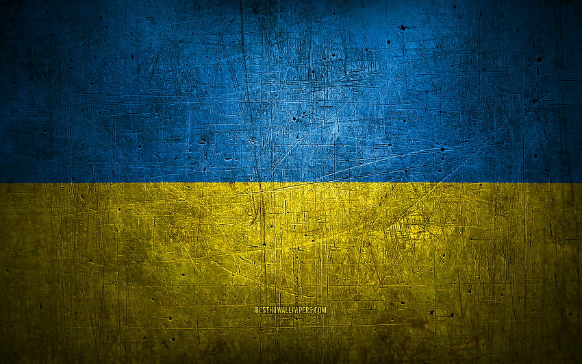Ukrainian metal flag, grunge art, European countries, Day of Ukraine, national symbols, Ukraine flag, metal flags, Flag of Ukraine, Europe, Ukrainian flag, Ukraine HD wallpaper