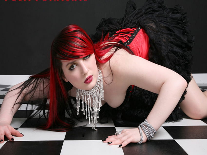 Vermelho preto e branco, cabelo vermelho e preto, xadrez, mulher, bling papel de parede HD
