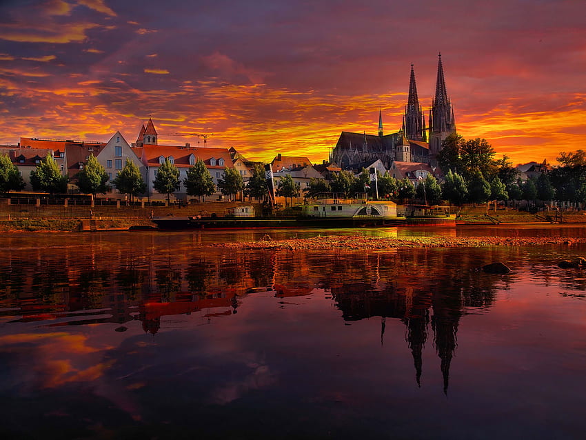 Jerman, Kota, Matahari Terbenam, Lanskap Perkotaan, Cityscape, Regensburg Wallpaper HD