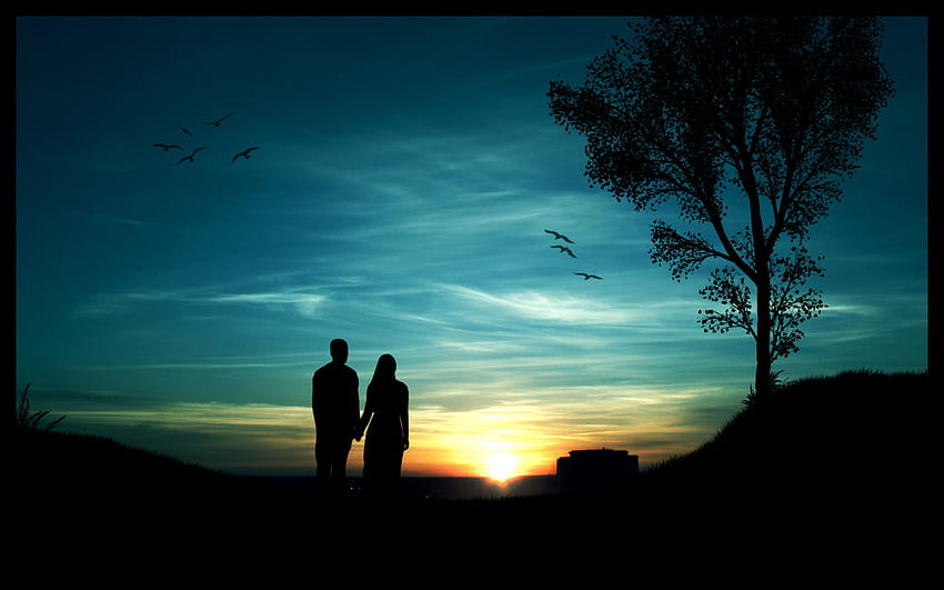 L'amour est dans l'air!, oiseaux, couple, debout, coucher de soleil, arbre Fond d'écran HD