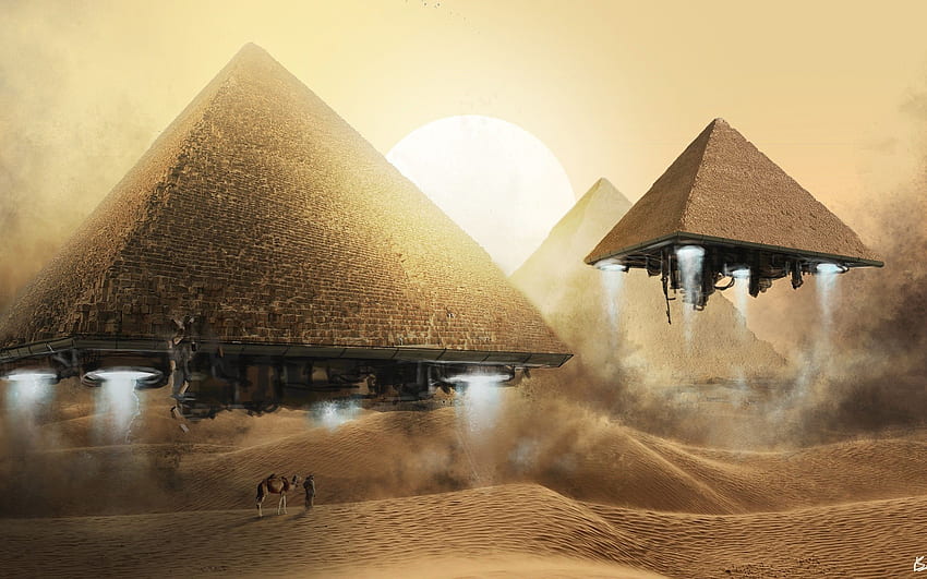 пустинно фентъзи изкуство египет камили пясък абстрактна пирамида, египетски пирамиди HD тапет