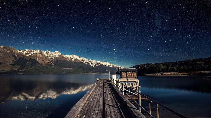 bintang di atas danau wakatipune selandia baru, dermaga, bintang, pegunungan, danau Wallpaper HD