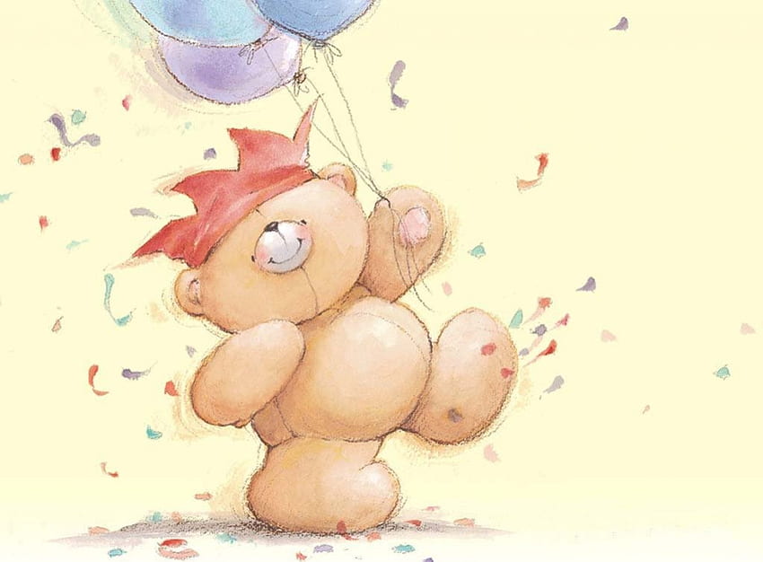 Party Bear, party, teddy bear, balloons, confetti, happy HD wallpaper