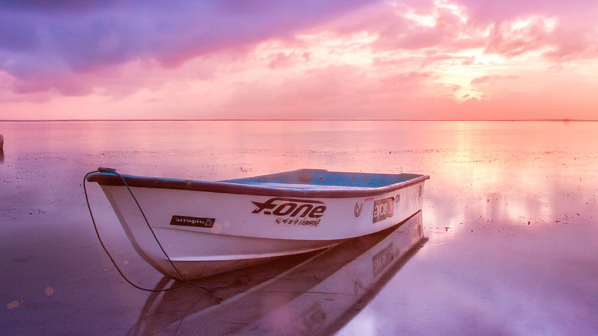 für seinen Laptop. Natur Meer Strand Boot allein Sonnenuntergang blau rosa Aufflackern, Pink Beach Laptop HD-Hintergrundbild