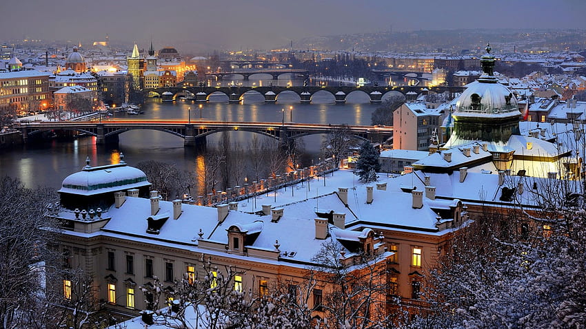 winter, snow, cityscapes, Prague, Czech Republic, evening HD wallpaper