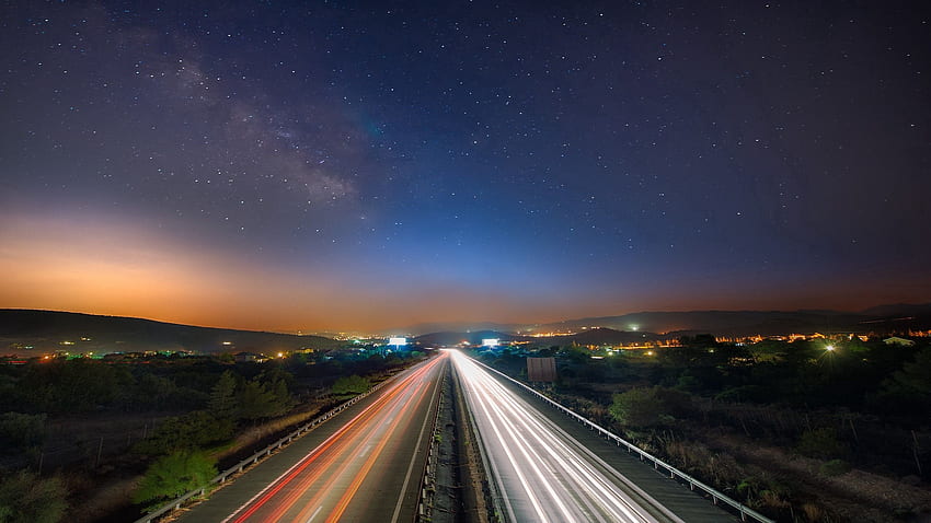 Cities, Night, Road, Movement, Traffic, Starry Sky HD wallpaper