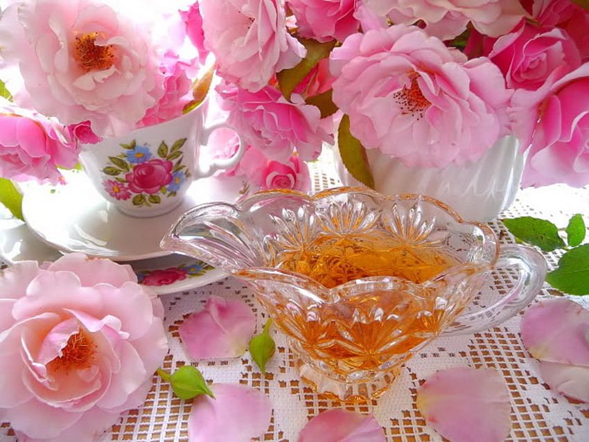 Honey & blooms for creator, rose, pink, white, peonies, green, flowers, honey, tea cup HD wallpaper