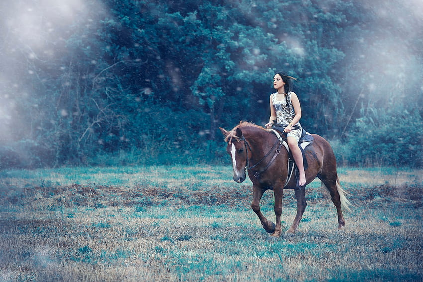Girl and horse, blue, horse, model, girl, woman HD wallpaper