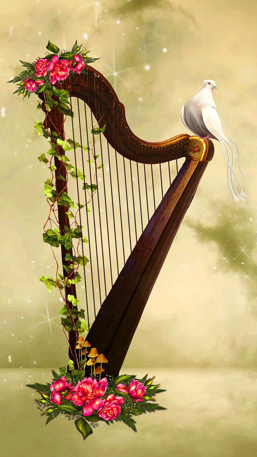 Music Pigeon, fantasy, string_instrument, harp, animal HD phone wallpaper