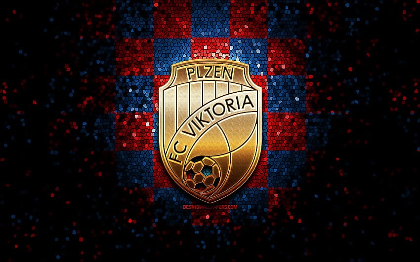 Viktoria Plzen FC, brokatowe logo, pierwsza liga czeska, czerwono-niebieskie tło w kratkę, piłka nożna, czeski klub piłkarski, logo Viktoria Plzen, mozaika, piłka nożna, FC Viktoria Plzen Tapeta HD