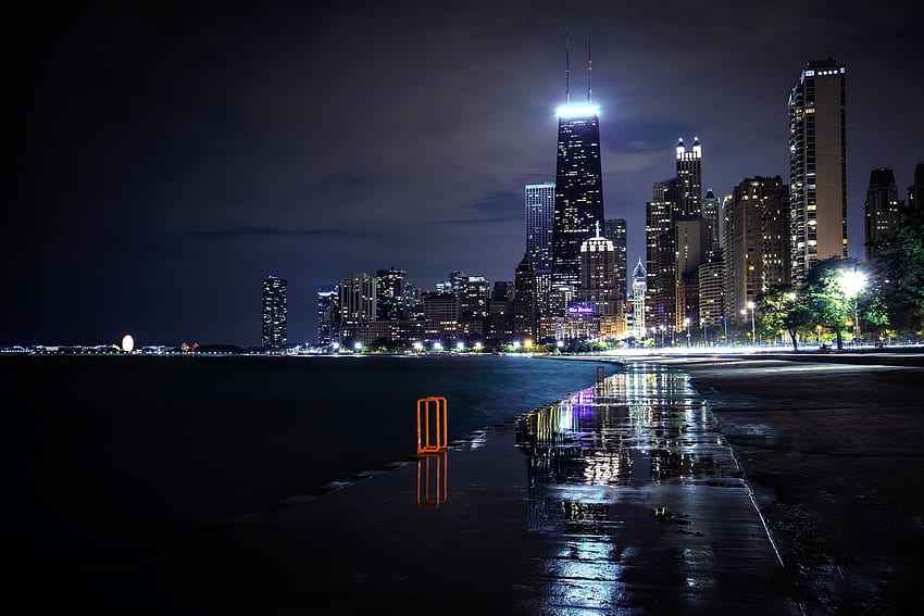 シカゴ、夜、スカイライン、街の明かり、雨、都市、雨、建物、高層ビル、自然、空、素晴らしさ 高画質の壁紙