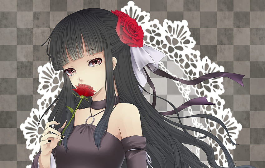 Lovely Lady, gothic, black, roses, girl, mio, rose, flower, red, flowers HD wallpaper