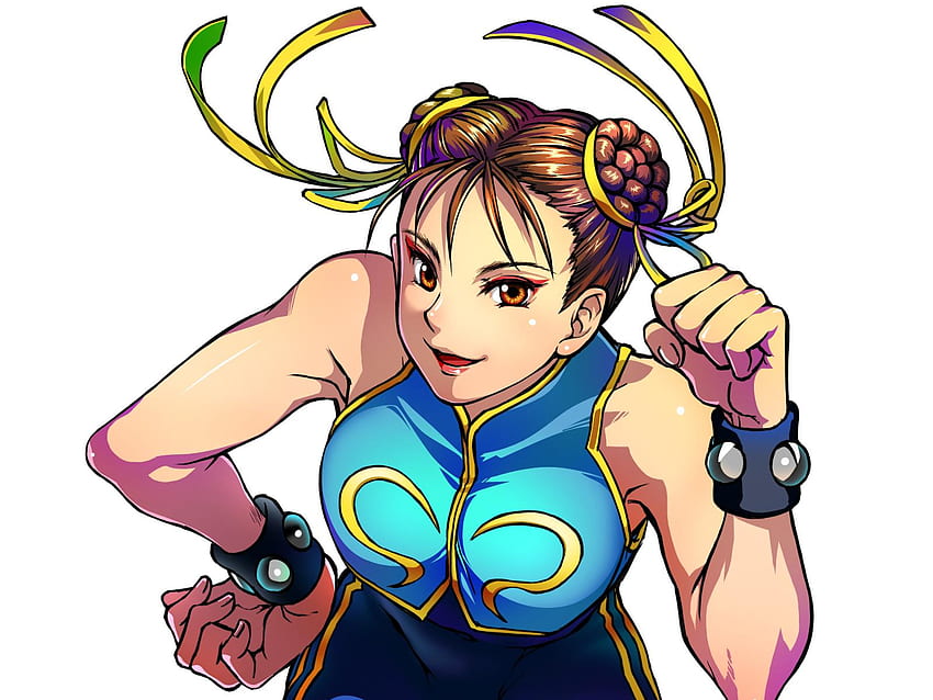 Chun Li, braune Augen, Lächeln, Haarbänder, blaues Kostüm, Anime, Capcom, Videospiele, braune Haare, Straßenkämpfer, Armbänder HD-Hintergrundbild