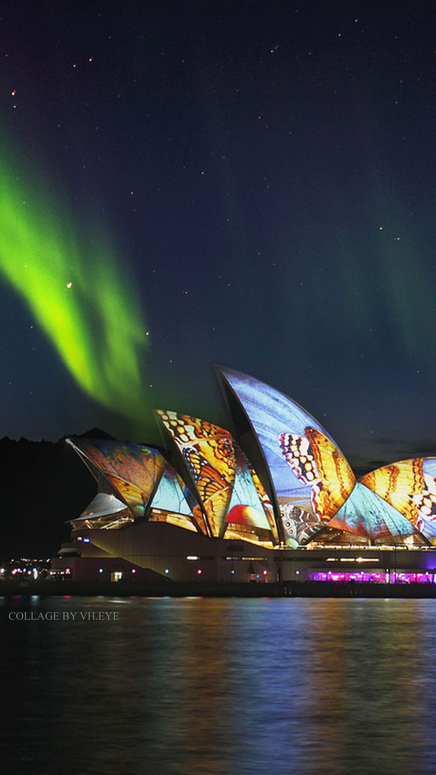 Australia Sydney Opera House Butterflies Monarch iPhone / Android - Collage. Arte del collage digitale, aurora boreale (aurora boreale), teatro dell'opera di Sydney Sfondo del telefono HD