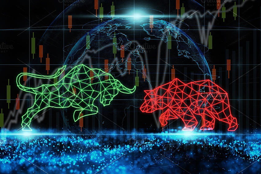 Scritta poligonale a forma di toro e orso con orso, toro e mercato. Grafico del mercato azionario, azioni aziendali, delle onde, Dow Jones Sfondo HD