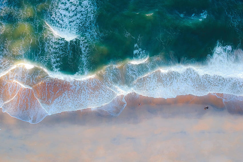Exotic beach, aerial view, green sea waves, nature HD wallpaper