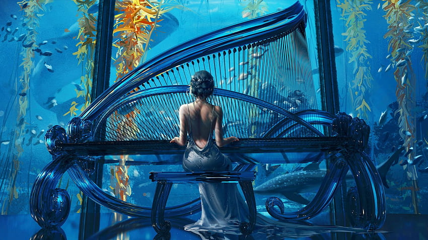 Underwater Piano Player, digital, instrument, art, girl, fish HD wallpaper
