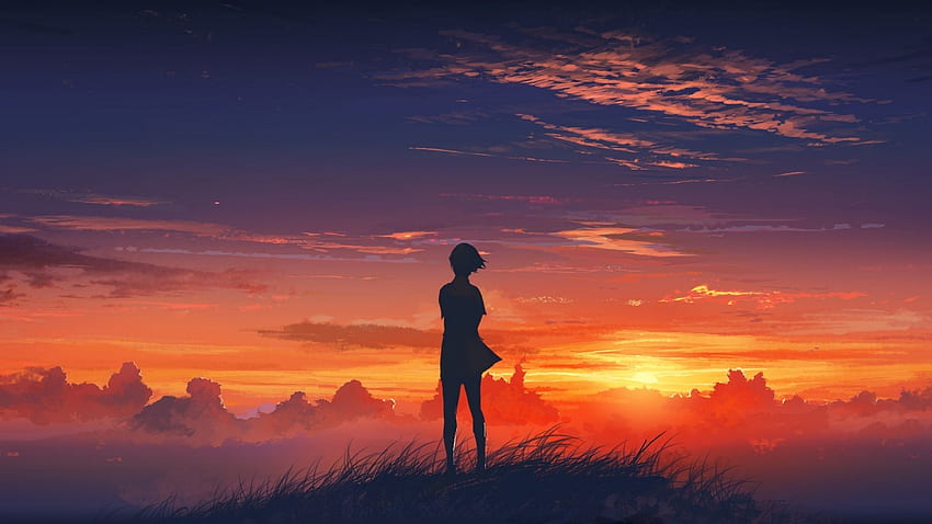 Original, anime, puesta de sol, chica anime, silueta. fondo de pantalla