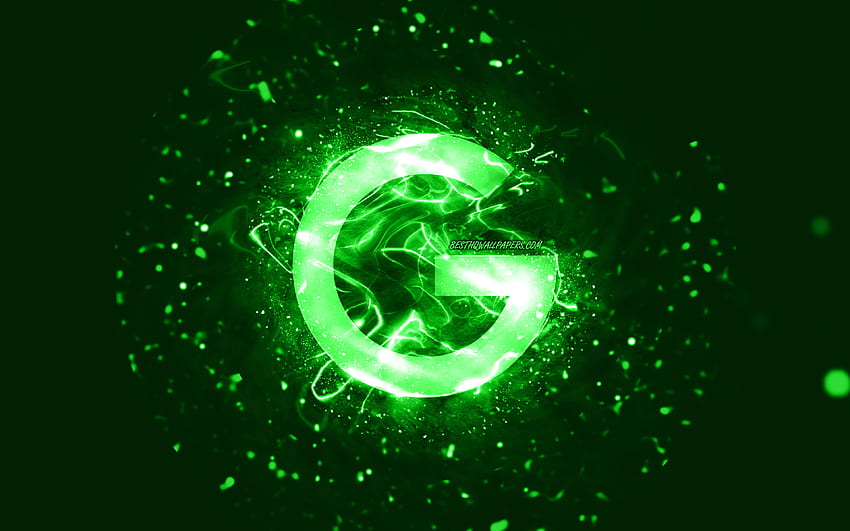 Зелено лого на Google, , зелени неонови светлини, творчески, зелен абстрактен фон, лого на Google, марки, Google HD тапет