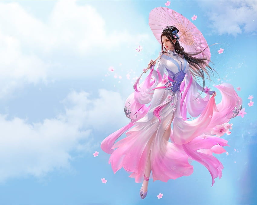 Hermosa chica china, fantasía, falda rosa, estilo retro, paraguas fondo de pantalla