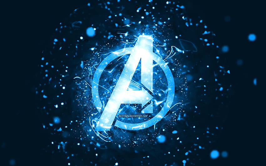 アベンジャーズの青いロゴ、青いネオン、創造的な青い抽象的な背景、アベンジャーズのロゴ、スーパー ヒーロー、アベンジャーズ 高画質の壁紙