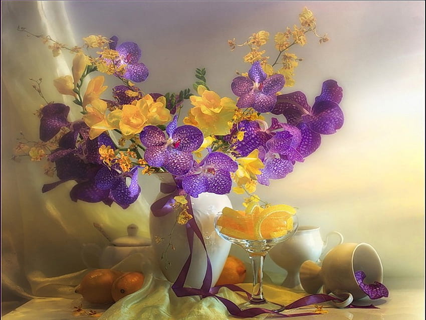 Натюрморт, деликатен, ваза, природа, цветя, хармония HD тапет