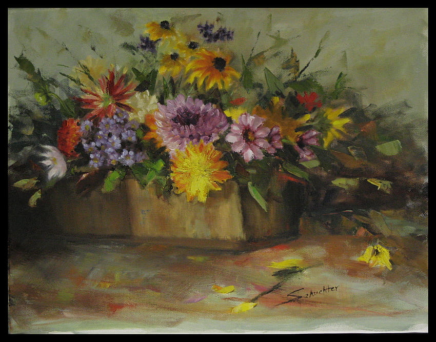 Basket Bouquet, sweet, pretty, colours, flowers, country, arrangement, charm HD wallpaper