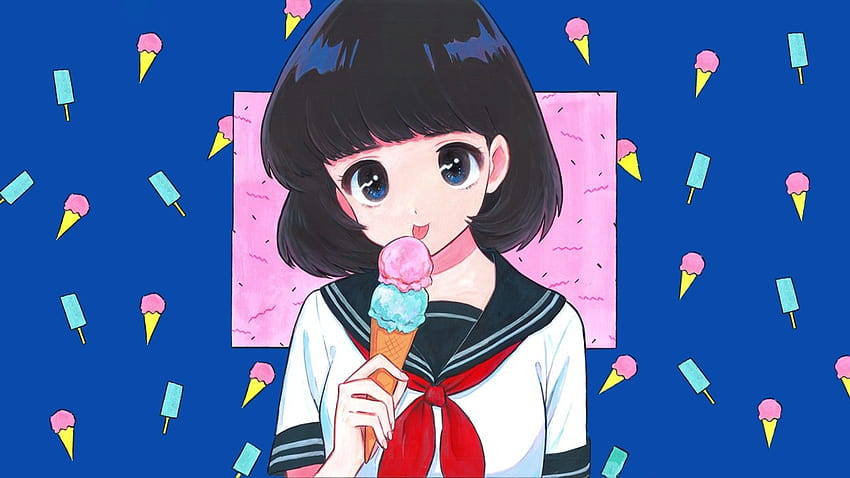 アイスクリーム、コーン、かわいい、アニメの女の子 高画質の壁紙
