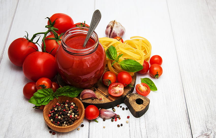 tomatoes, sauce, spices, jar, Spaghetti, tomato, Olena Rudo for , section еда HD wallpaper