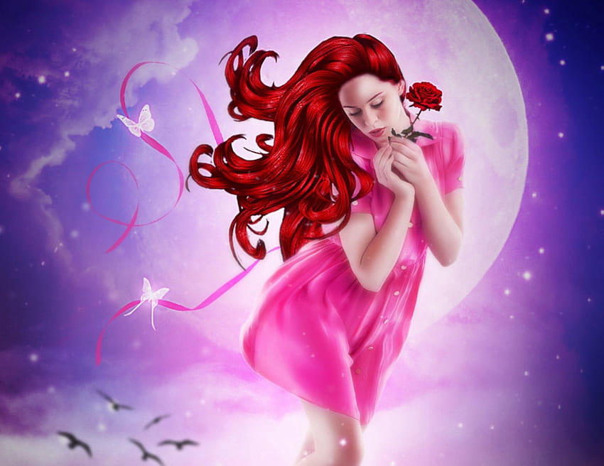 ✫Gorgeous Pink Dreams✫, colorful, birds, emotional, colors, ribbons, digital art, dress, charm, butterflies, rose, moon, animals, female, sweet, dreams, gorgeous, weird things people wear, flying, beautiful, people, pink, fantasy, pretty, manipulation, cool, models, girls, flowers, women, redhead, lovely, hair HD wallpaper