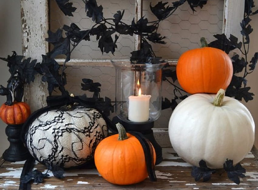 Fall season arrangement, pumpkins, still life, abstract, candles, arrangement, fall season HD wallpaper