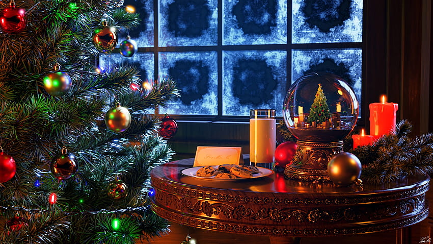 Cozy Christmas home, winter, table, frost, window, cozy, balls, arrangement, tree, decoration, homy, candle, pretty, christmas, cookies HD wallpaper