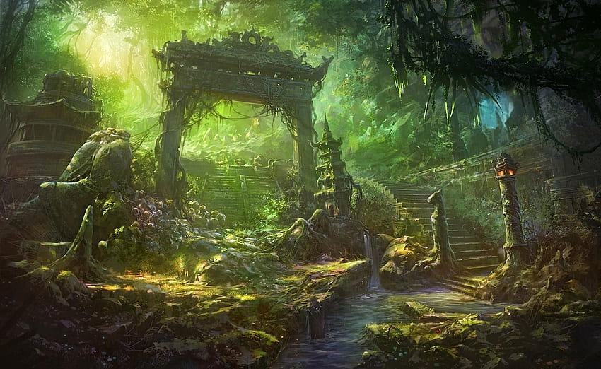 Fantasia arte templo árvores floresta selva paisagens decadência ruínas., Mystery Forest papel de parede HD