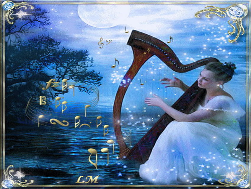 midnight melody, night, lady, moon, harp, melody HD wallpaper