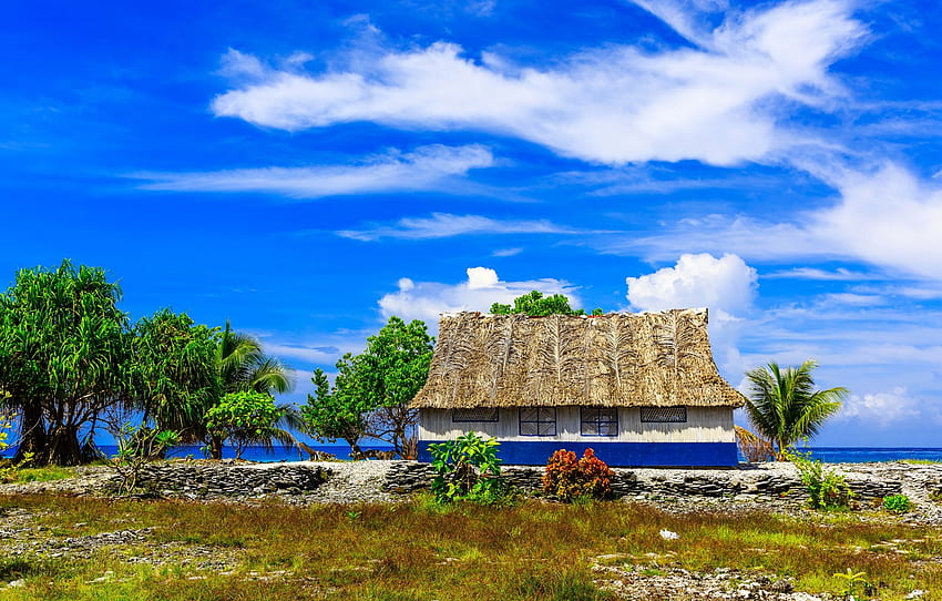 sea, the sky, grass, the sun, clouds, trees, house, tropics, stones, shore, island, horizon, the bushes, Kiribati, Tabuaeran, Fanning Island for , section пейзажи HD wallpaper