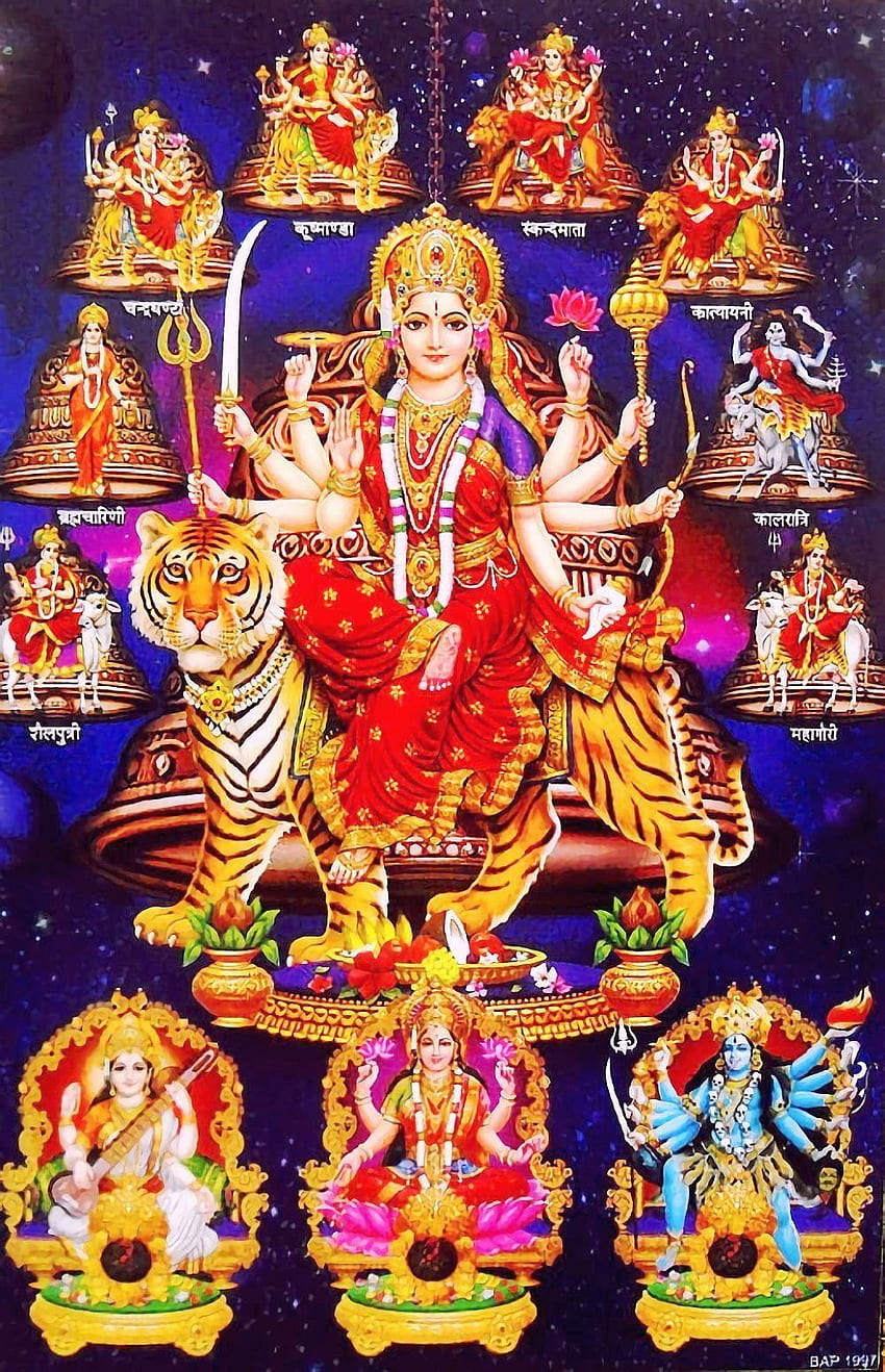 나브두르가와 사라스와티 락쉬미 칼리. Durga maa, Navratri, Saraswati 여신 HD 전화 배경 화면