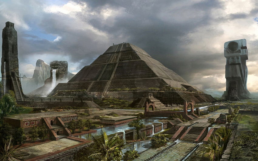 Fantasiepyramide. Gezeichnet, Pyramiden, Wasser, Fantasie. Fantasielandschaft, Fantasiestadt, alte Zivilisationen, altes Mesopotamien HD-Hintergrundbild